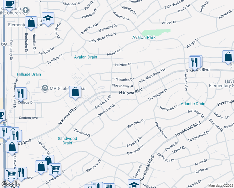 map of restaurants, bars, coffee shops, grocery stores, and more near 2301 North Kiowa Boulevard in Lake Havasu City