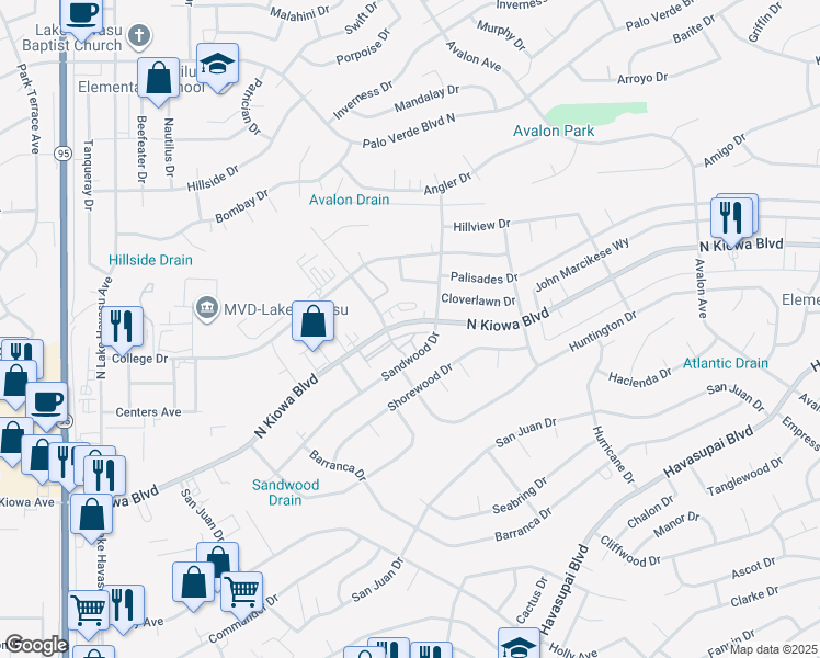 map of restaurants, bars, coffee shops, grocery stores, and more near 2212 North Kiowa Boulevard in Lake Havasu City
