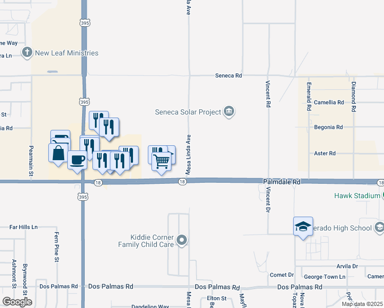 map of restaurants, bars, coffee shops, grocery stores, and more near Mesa Linda Street in Victorville