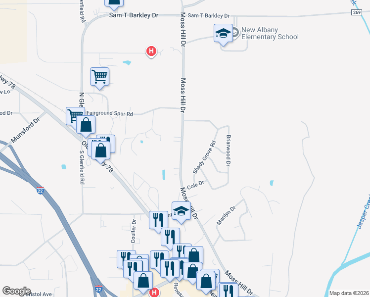 map of restaurants, bars, coffee shops, grocery stores, and more near 844-928 Moss Hill Drive in New Albany