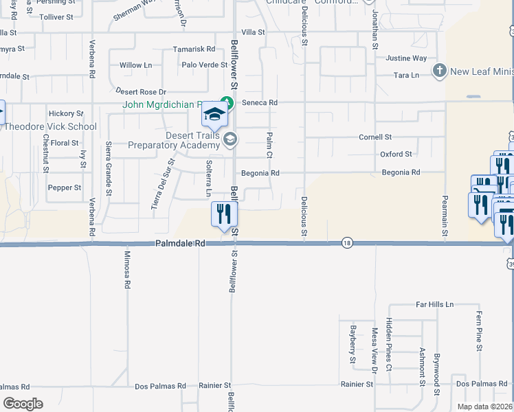 map of restaurants, bars, coffee shops, grocery stores, and more near 14210 High Point Court in Adelanto