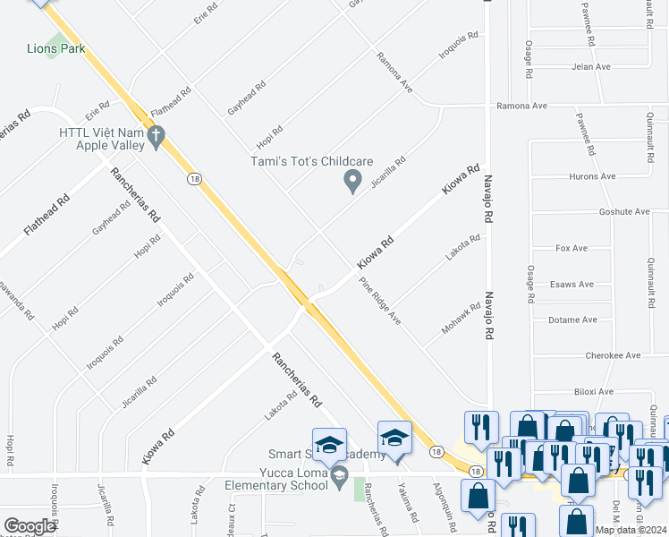 map of restaurants, bars, coffee shops, grocery stores, and more near 14132 Kiowa Road in Apple Valley