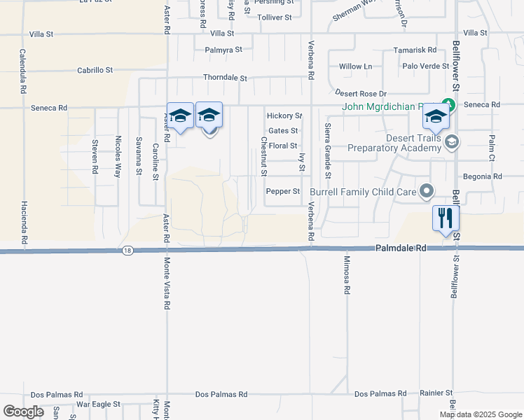 map of restaurants, bars, coffee shops, grocery stores, and more near 14230 Chestnut Street in Adelanto