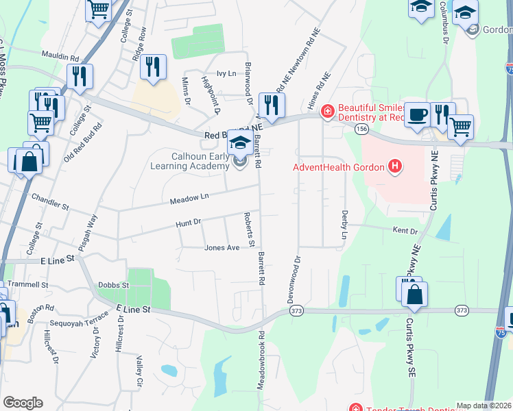 map of restaurants, bars, coffee shops, grocery stores, and more near 219 Hunt Drive in Calhoun