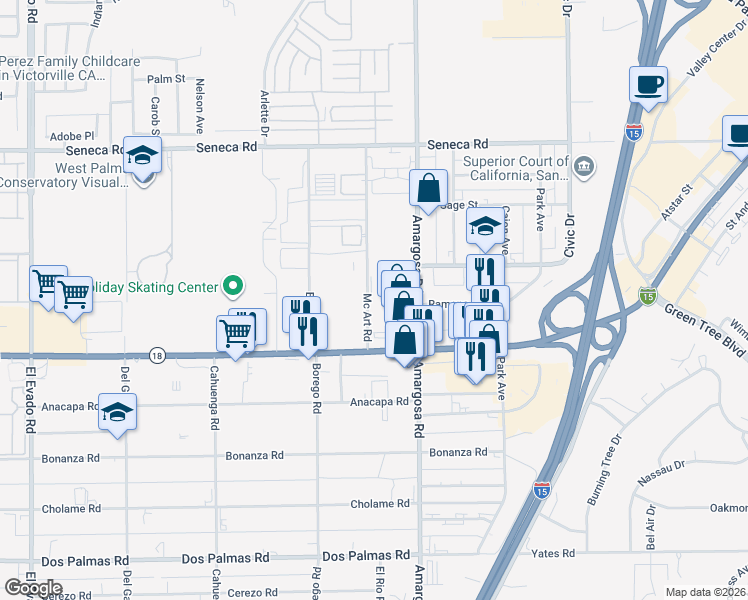 map of restaurants, bars, coffee shops, grocery stores, and more near 14201 Mcart Road in Victorville