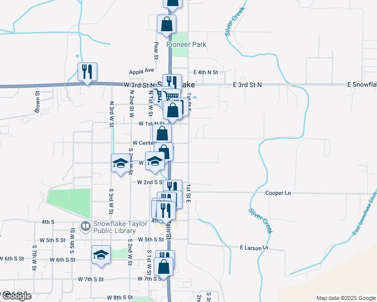 map of restaurants, bars, coffee shops, grocery stores, and more near 14 1st Street East in Snowflake