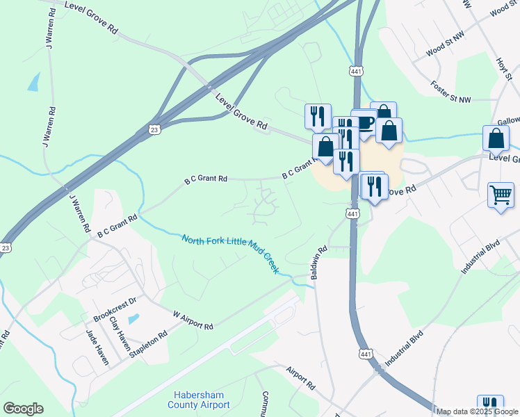 map of restaurants, bars, coffee shops, grocery stores, and more near 106 Alston Ridge Drive in Cornelia