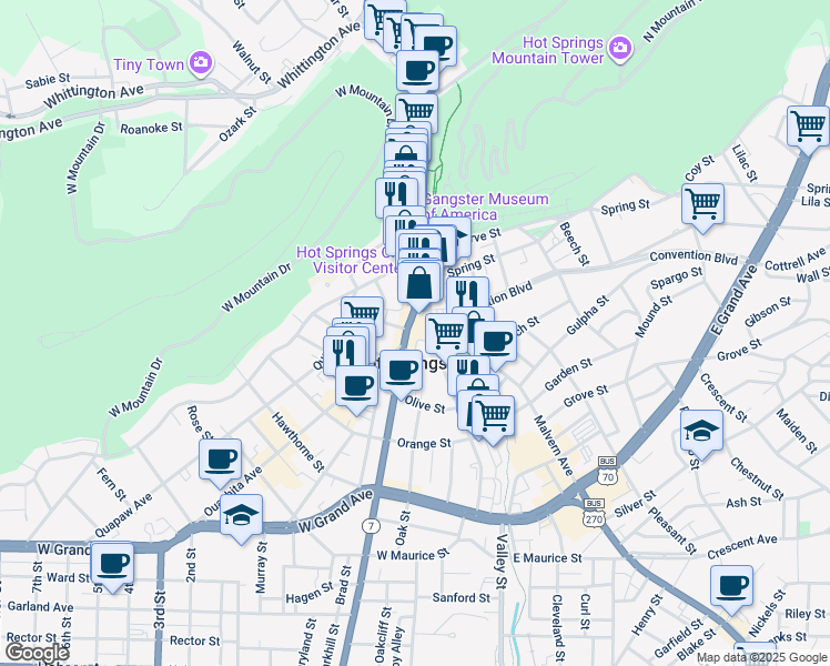 map of restaurants, bars, coffee shops, grocery stores, and more near 817 Central Avenue in Hot Springs
