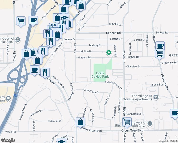 map of restaurants, bars, coffee shops, grocery stores, and more near 14186 Arrowhead Drive in Victorville
