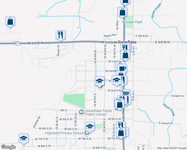map of restaurants, bars, coffee shops, grocery stores, and more near 217 West Center Street in Snowflake