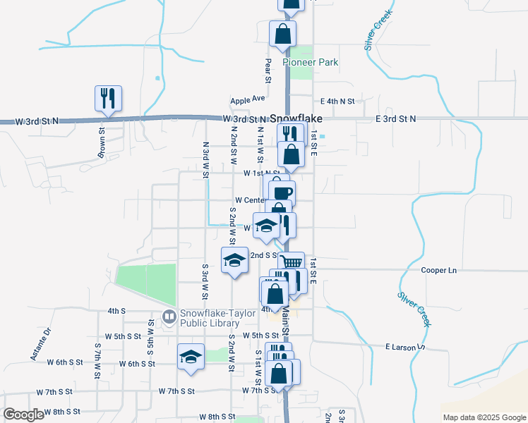 map of restaurants, bars, coffee shops, grocery stores, and more near 39 North 1st West Street in Snowflake