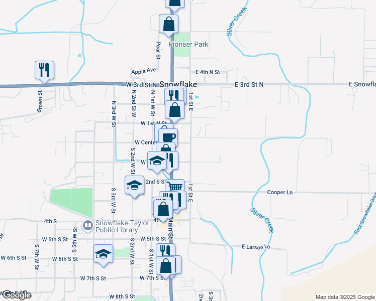 map of restaurants, bars, coffee shops, grocery stores, and more near 14 1st Street East in Snowflake
