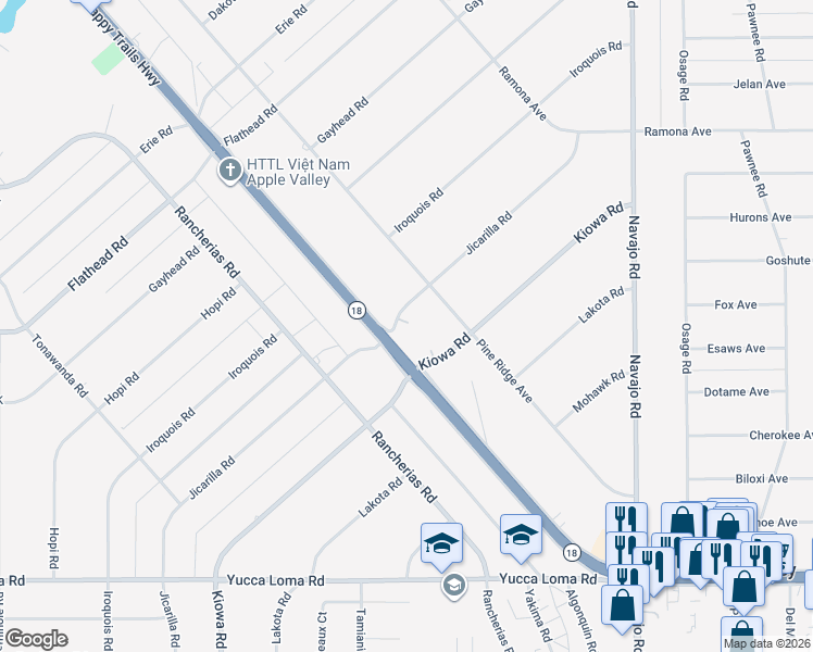 map of restaurants, bars, coffee shops, grocery stores, and more near 14141 Jicarilla Road in Apple Valley