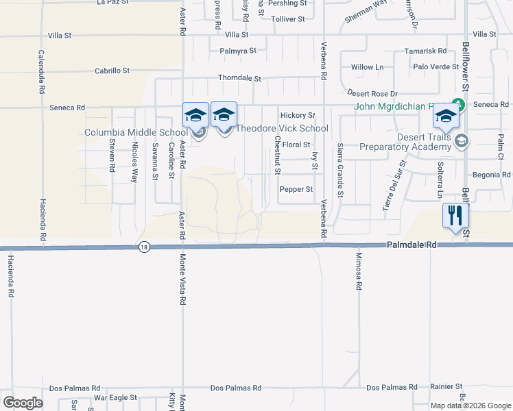map of restaurants, bars, coffee shops, grocery stores, and more near 14214 Rachel Court in Adelanto