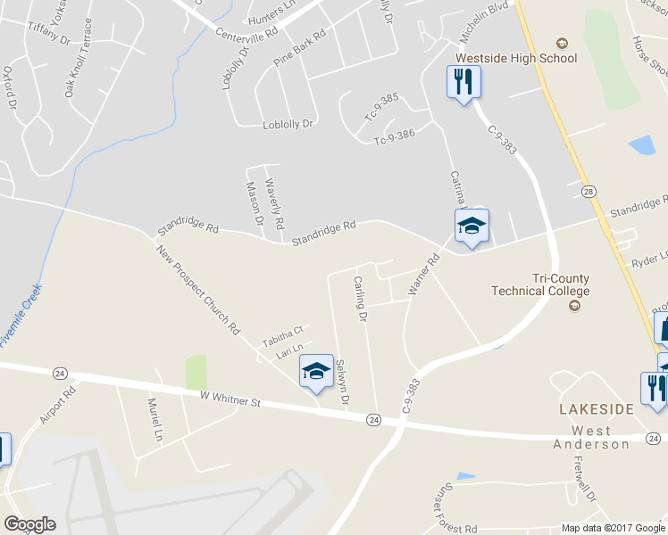 map of restaurants, bars, coffee shops, grocery stores, and more near 131 Selwyn Drive in Anderson