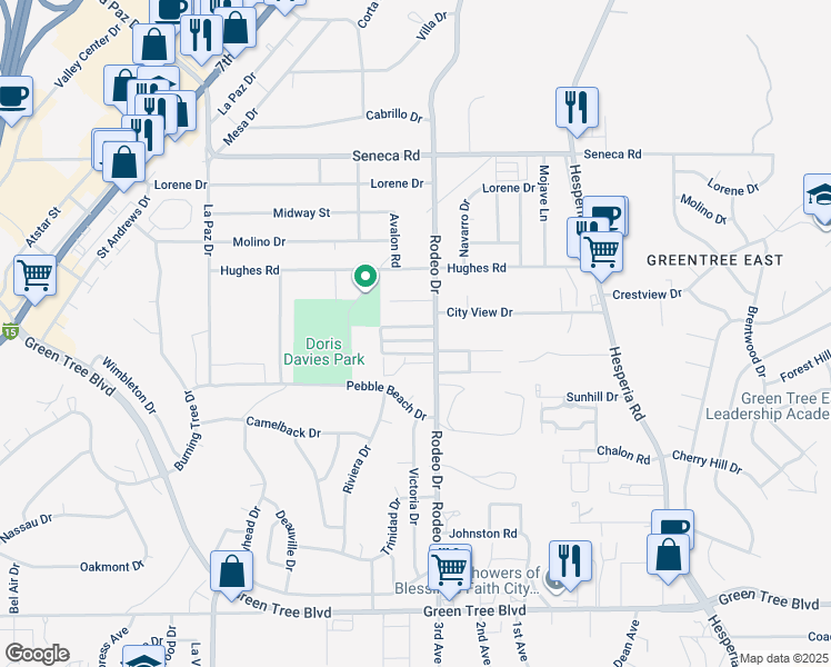 map of restaurants, bars, coffee shops, grocery stores, and more near 16464 Lariat Road in Victorville