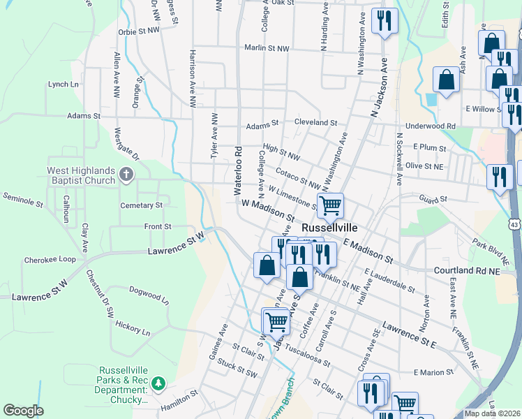 map of restaurants, bars, coffee shops, grocery stores, and more near 501 West Madison Street in Russellville