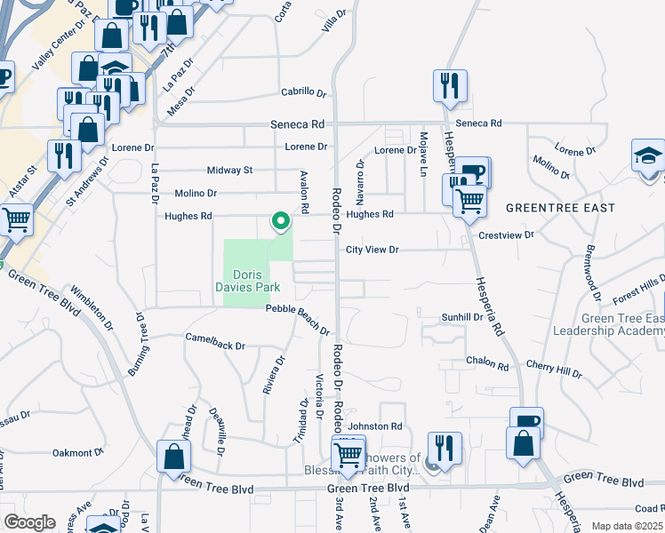 map of restaurants, bars, coffee shops, grocery stores, and more near 16470 Lariat Road in Victorville