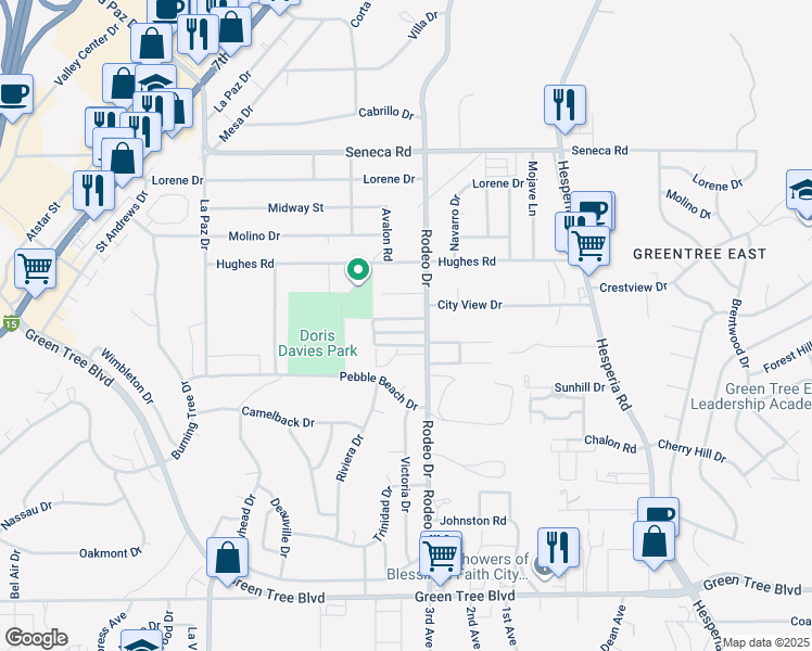 map of restaurants, bars, coffee shops, grocery stores, and more near 16470 Lariat Road in Victorville