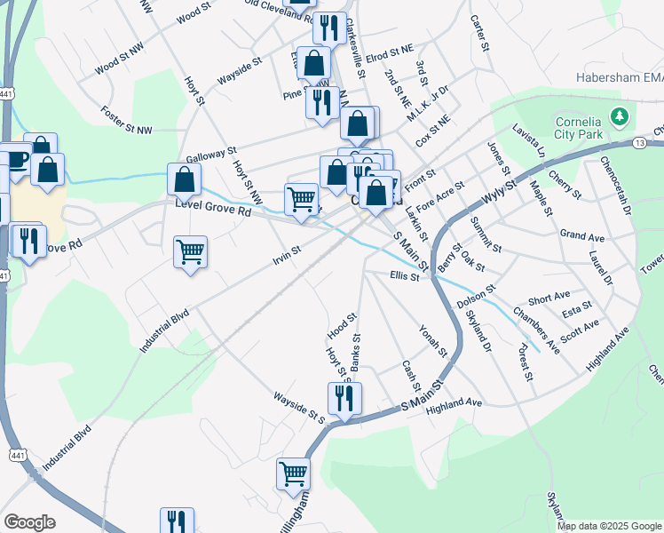 map of restaurants, bars, coffee shops, grocery stores, and more near 175 Hillcrest Street in Cornelia