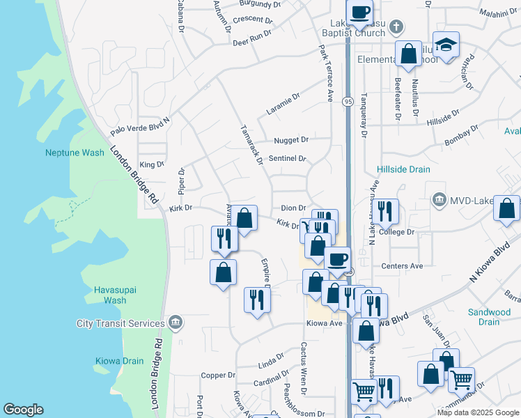 map of restaurants, bars, coffee shops, grocery stores, and more near 1758 Lear Bay in Lake Havasu City