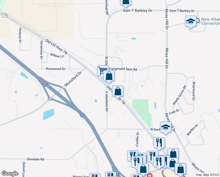 map of restaurants, bars, coffee shops, grocery stores, and more near 983 West Bankhead Street in New Albany