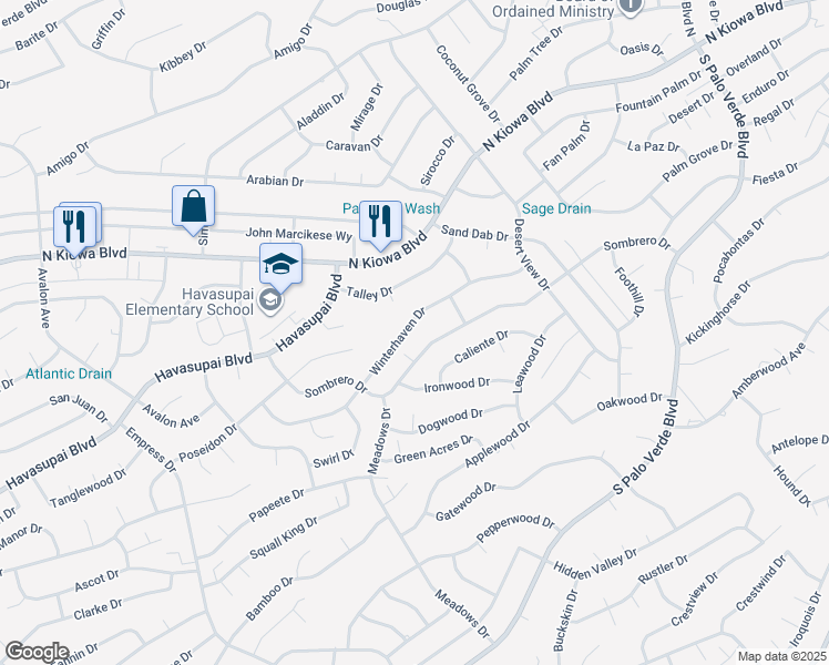 map of restaurants, bars, coffee shops, grocery stores, and more near 3020 Winterhaven Drive in Lake Havasu City