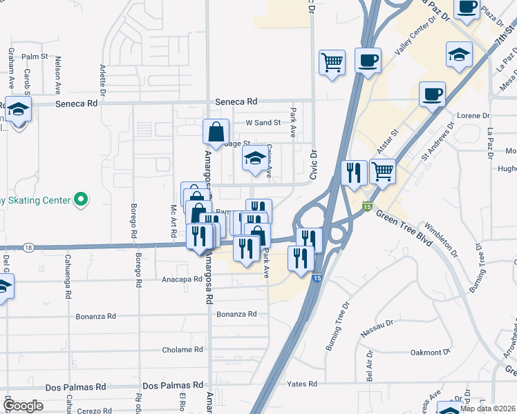 map of restaurants, bars, coffee shops, grocery stores, and more near 14201 Kentwood Boulevard in Victorville
