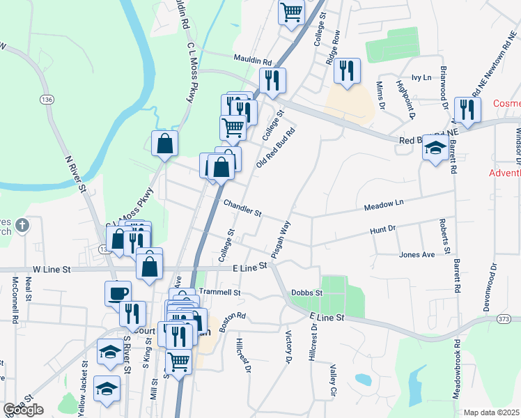 map of restaurants, bars, coffee shops, grocery stores, and more near 212 Chandler Street in Calhoun