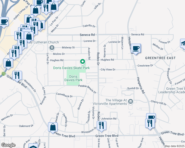 map of restaurants, bars, coffee shops, grocery stores, and more near 16450 Lariat Road in Victorville
