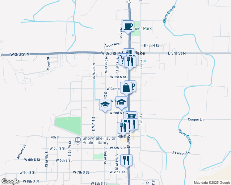 map of restaurants, bars, coffee shops, grocery stores, and more near 39 North 1st Street West in Snowflake