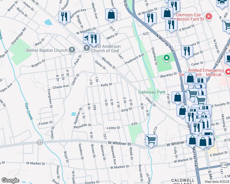 map of restaurants, bars, coffee shops, grocery stores, and more near 321 E Street in Anderson