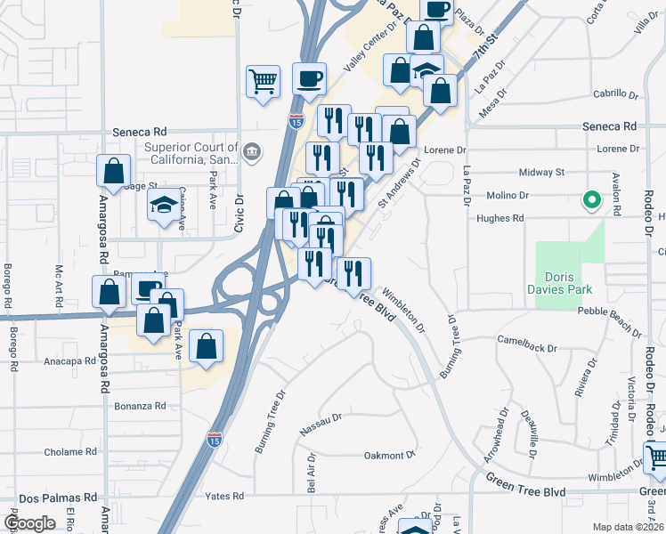 map of restaurants, bars, coffee shops, grocery stores, and more near 14096 Green Tree Boulevard in Victorville