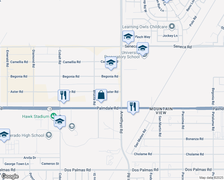 map of restaurants, bars, coffee shops, grocery stores, and more near 13634 Aster Road in Victorville