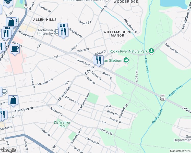 map of restaurants, bars, coffee shops, grocery stores, and more near 192 Sumter Street in Anderson