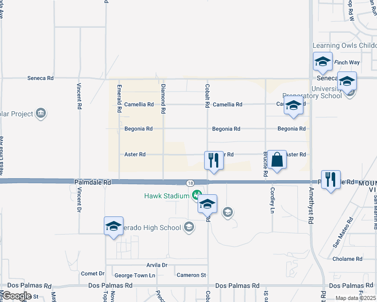 map of restaurants, bars, coffee shops, grocery stores, and more near 13222 Aster Road in Victorville