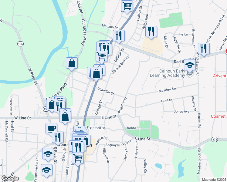 map of restaurants, bars, coffee shops, grocery stores, and more near 212 Chandler Street in Calhoun