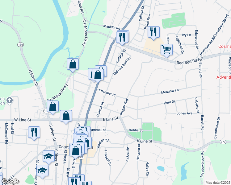 map of restaurants, bars, coffee shops, grocery stores, and more near 212 Chandler Street in Calhoun