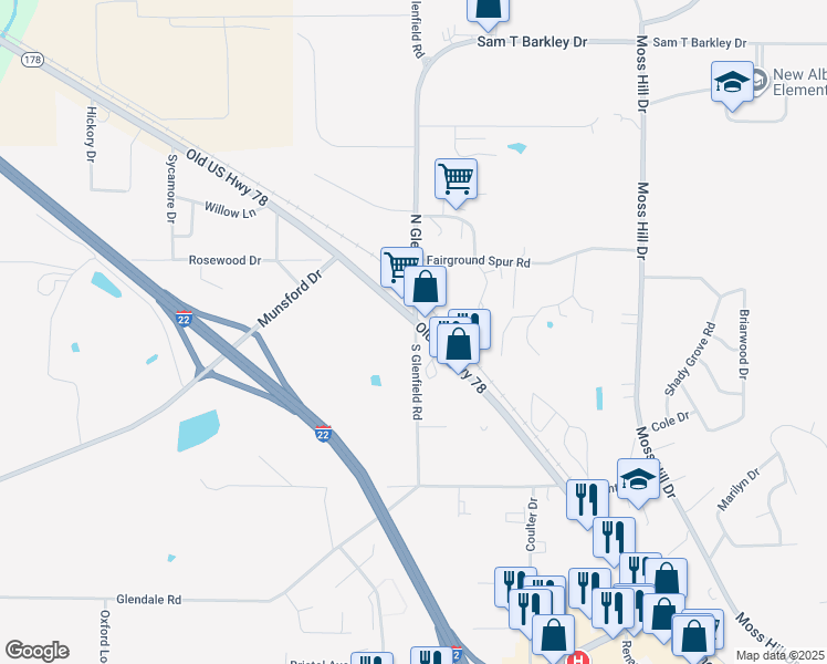map of restaurants, bars, coffee shops, grocery stores, and more near 983-999 West Bankhead Street in New Albany