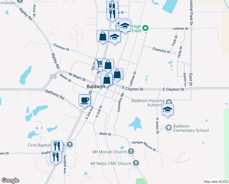 map of restaurants, bars, coffee shops, grocery stores, and more near 171 E Main St in Baldwyn