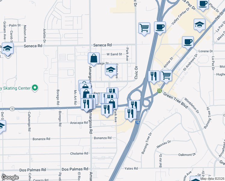 map of restaurants, bars, coffee shops, grocery stores, and more near 14201 Kentwood Boulevard in Victorville