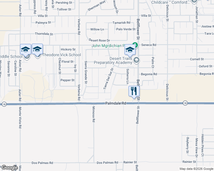 map of restaurants, bars, coffee shops, grocery stores, and more near 14225 Tierra Del Sur Street in Adelanto
