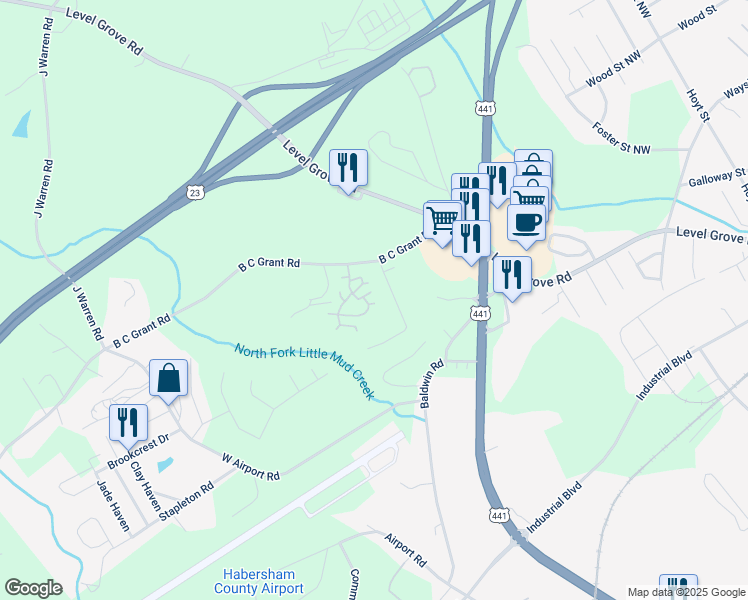map of restaurants, bars, coffee shops, grocery stores, and more near 106 Alston Ridge Drive in Cornelia