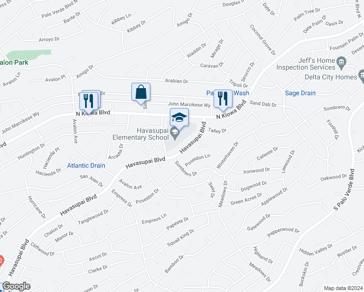 map of restaurants, bars, coffee shops, grocery stores, and more near 2865 Havasupai Boulevard in Lake Havasu City