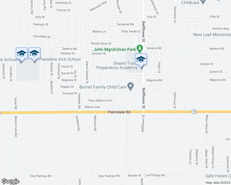 map of restaurants, bars, coffee shops, grocery stores, and more near Purple Canyon Road in Adelanto