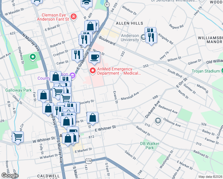 map of restaurants, bars, coffee shops, grocery stores, and more near 515 Evans Street in Anderson