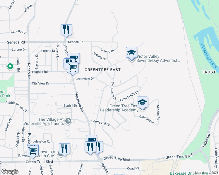map of restaurants, bars, coffee shops, grocery stores, and more near 14208 Brentwood Drive in Victorville