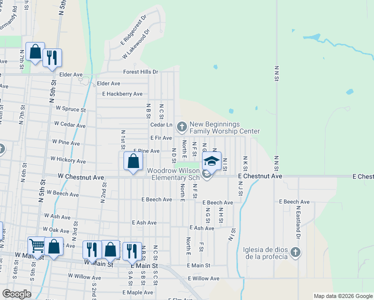 map of restaurants, bars, coffee shops, grocery stores, and more near 610 North E Street in Duncan
