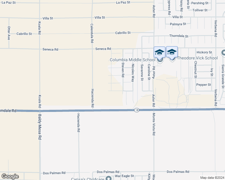 map of restaurants, bars, coffee shops, grocery stores, and more near 18774 Hampton Lane in Victorville