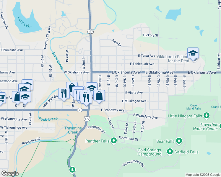 map of restaurants, bars, coffee shops, grocery stores, and more near 1109 East 1st Street in Sulphur